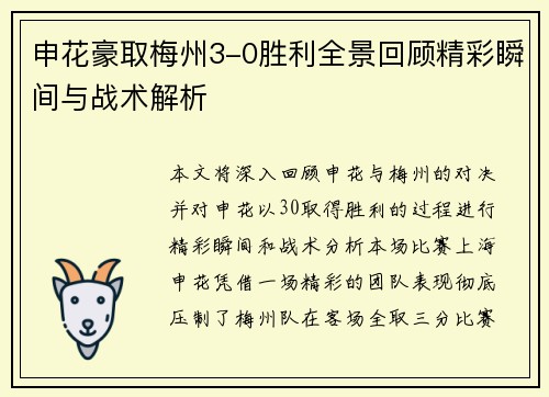 申花豪取梅州3-0胜利全景回顾精彩瞬间与战术解析